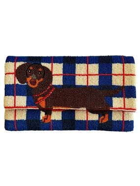 Lily Posh Dachshund Crossbody Clutch Bag, Dog Plaid Beaded Bag